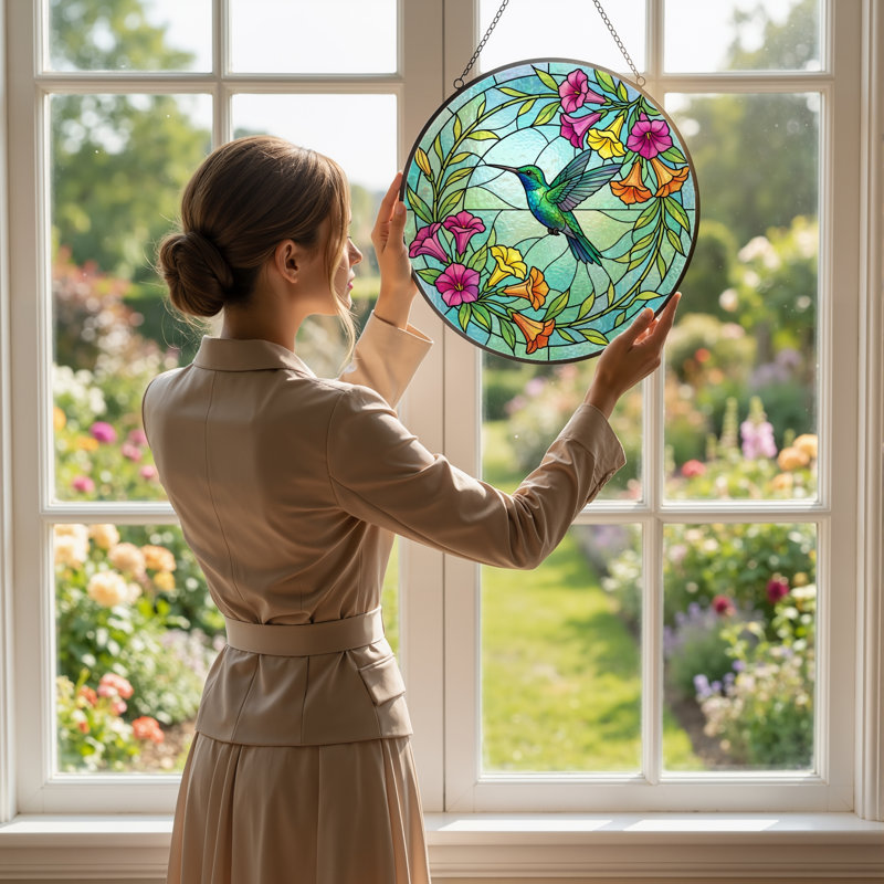 Panneau de vitrail en forme de colibri fleurs H 12 po, H 12 po
