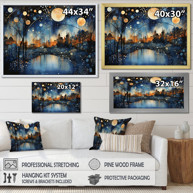 «Teal Bridge Urban Reflections Pointillism», reproduction d'art sur toile, H 34 po x l 44 po x P 1,5 po, Toile tendue