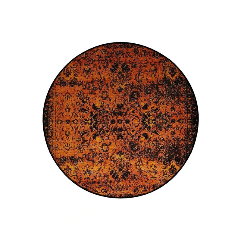 Woven Base Modern Decorative Carpet With Antique Pattern Details In Orange And Black Tones, Round 2'8"