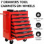 Armoire à outils en métal à 7 tiroirs en rouge et noir, acier laminé à froid, glissières à roulement, capacité de charge de 15 kg, 4 roulettes pivotantes avec chariot verrouillable, charge rouge et noire,-1506232671