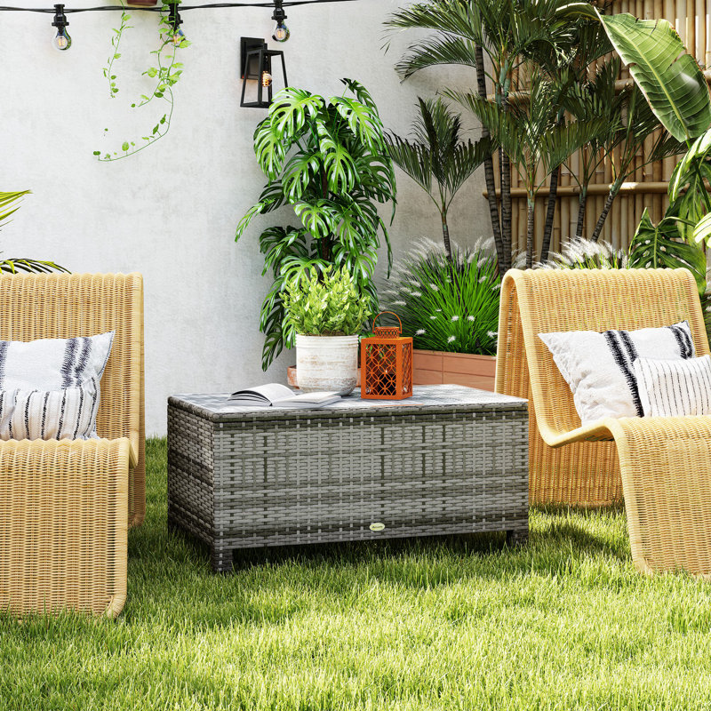 Rattan Coffee Table with Tempered Glass Top Garden Patio, Grey