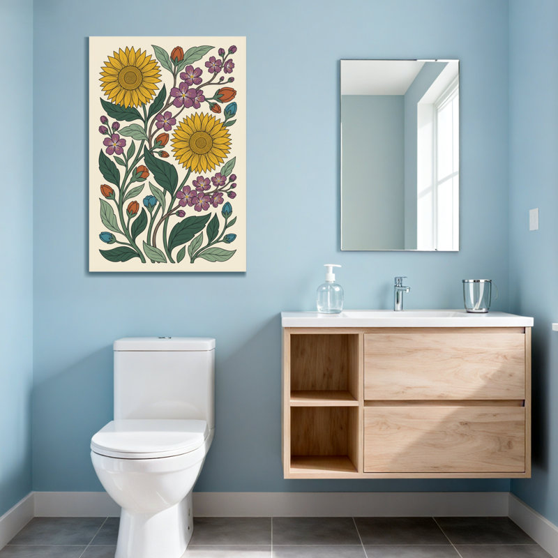 Plantes et fleurs Tournesol fleurs mauves feuilles vertes bourgeons oranges fleurs bleues, H 48 po x l 32 po