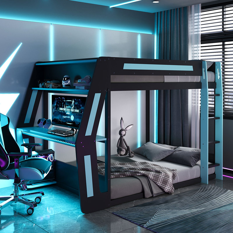 Adella Wooden Gaming Bunk Bed with Desk, RGB Lighting & USB Charging, Blue