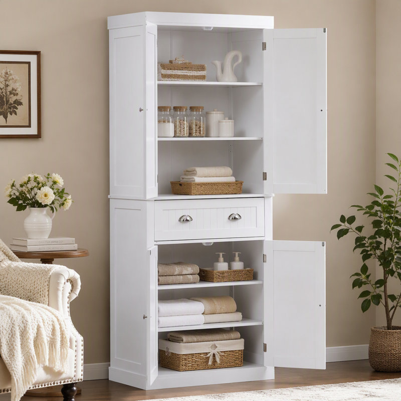 Armoire de rangement pour garde-manger de 72 po, armoires utilitaires autoportantes avec portes, tiroir et 3 tablettes réglables, garde-manger haut pour la cuisine, le salon, la salle à manger, la buanderie, blanc