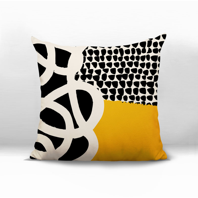 Oreiller carré réversible intérieur / extérieur Deo, H 15 po x l 15 po, Jaune / noir / blanc cassé abstrait