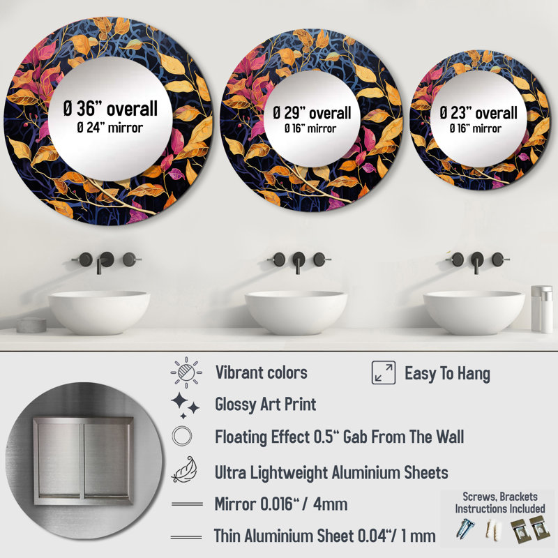 Gold And Pink Leaf Charm In Winter I - Leaves Round Mirror Wall Decor_MTMIR114770, 23" x 23"