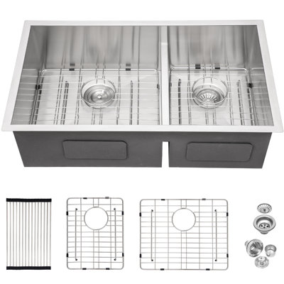Évier de cuisine 30 x 19 x 10 po 60/40 à double cuve encastrable, calibre 16, deux cuves profondes de 10 po, - fabriquée, bonde arrière de 3,5 po, rainures en X pour une vidange optimale, patins insonorisants de 3 mm d'épaisseur, jet de condensation,