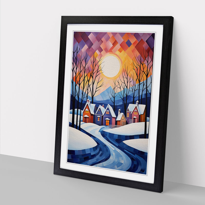 Winter Landscape Cubism No.3 - Single Picture Frame Print on Wood, 34cm H x 25cm W x 2cm D, Black