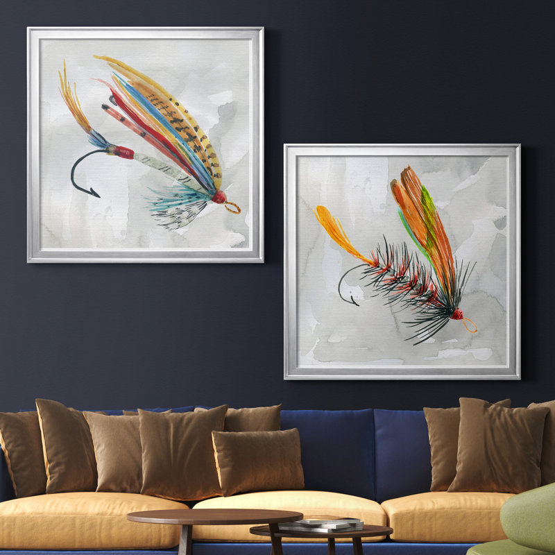 Fly Hook I - ensemble de 2 reproductions, Pas de tapis, Toile avec cadre argenté, H 22,5 po x l 45 po x P 1,5 po