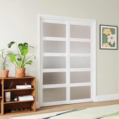 Sliding Closet Door–5 Lite Frosted Glass Panel Design White MDF With Handles & Smooth Sliding Hardware（No pre-installed holes）