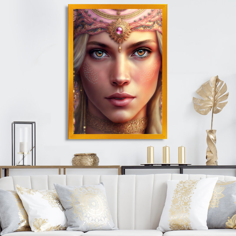 Femme bohémienne avec pierre rose sur toile, H 32 po x l 16 po x P 1 po, Encadrement doré