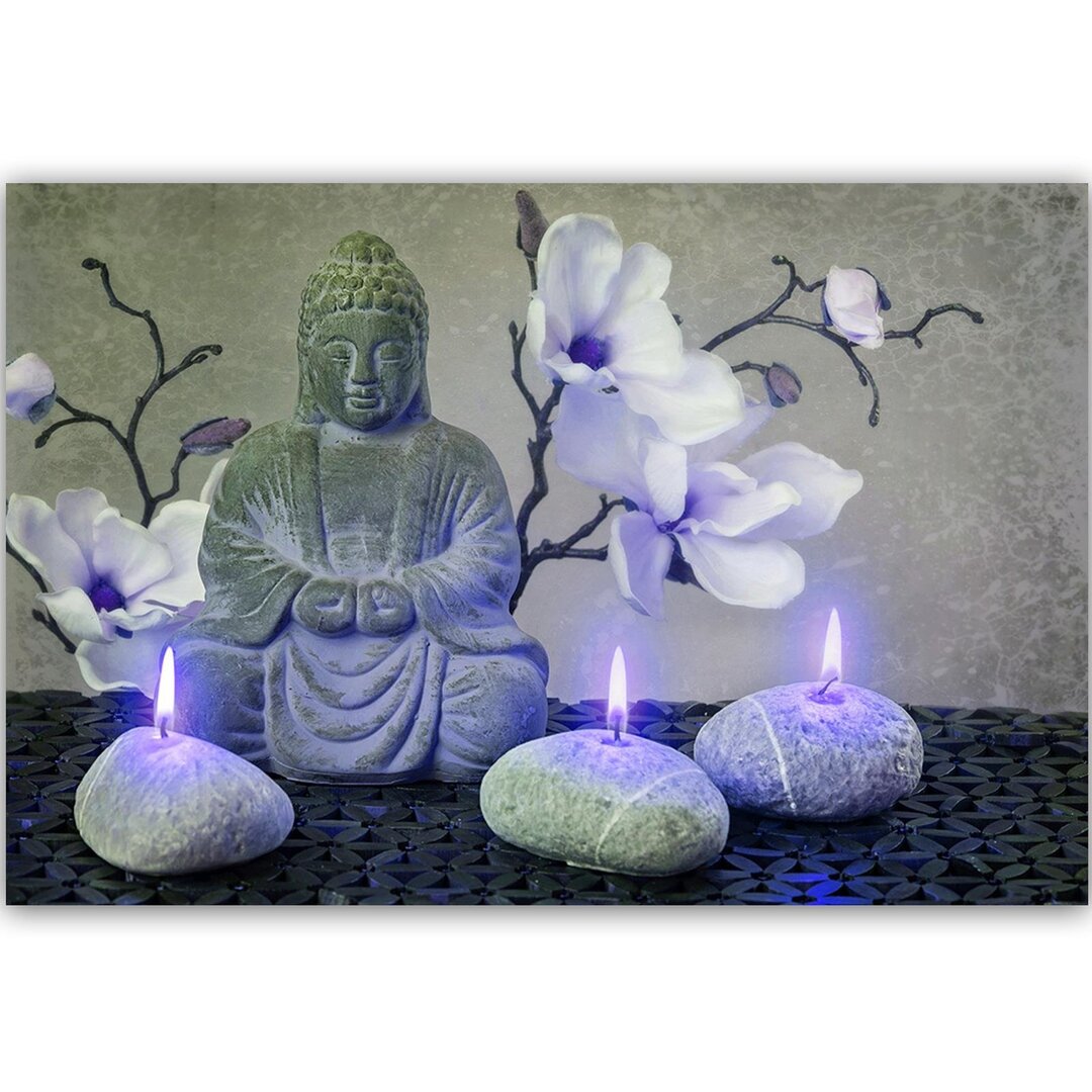 Leinwandbild Buddha mit Orchideen und Kerzen