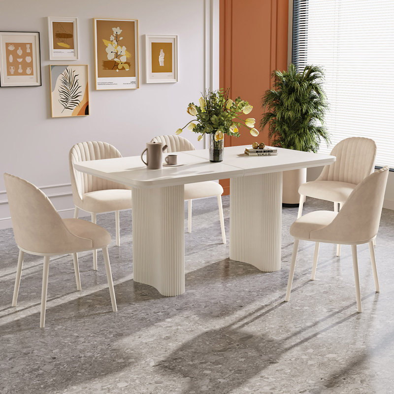 55.11" Modern Cream White Dining Table Set With 6 Chairs For Kitchen, Bar, Living Room, 7 Pieces: Table, 6 Chairs