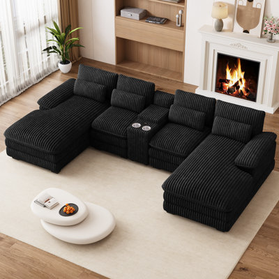 132.5" Oversized Corduroy U Shaped Sectional Sofa With Storage Console And Double Chaise