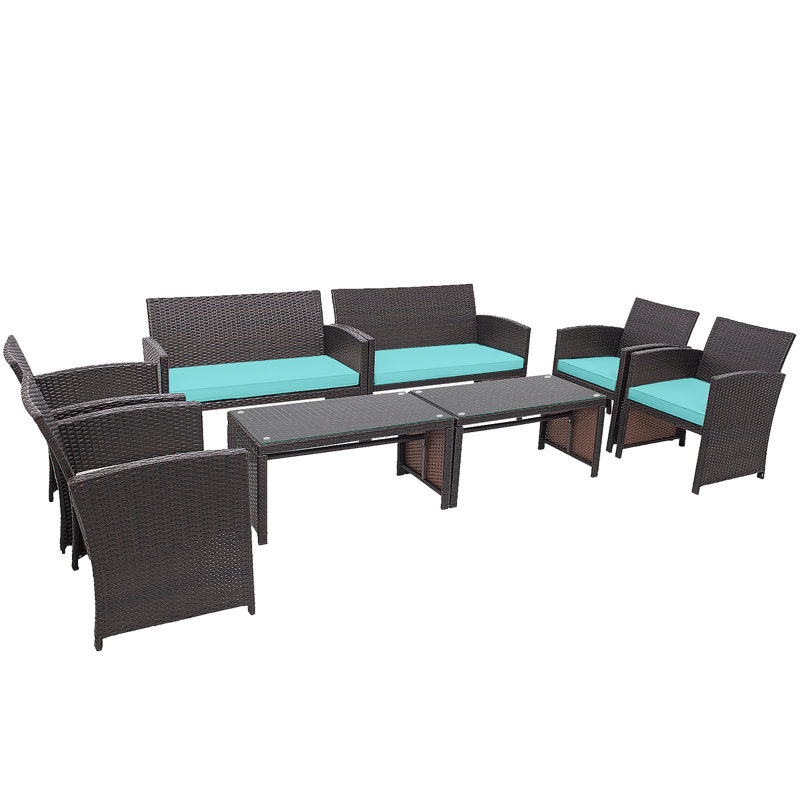Ensemble de conversation avec canapé en rotin 8 pièces Duplantis, Turquoise, 2