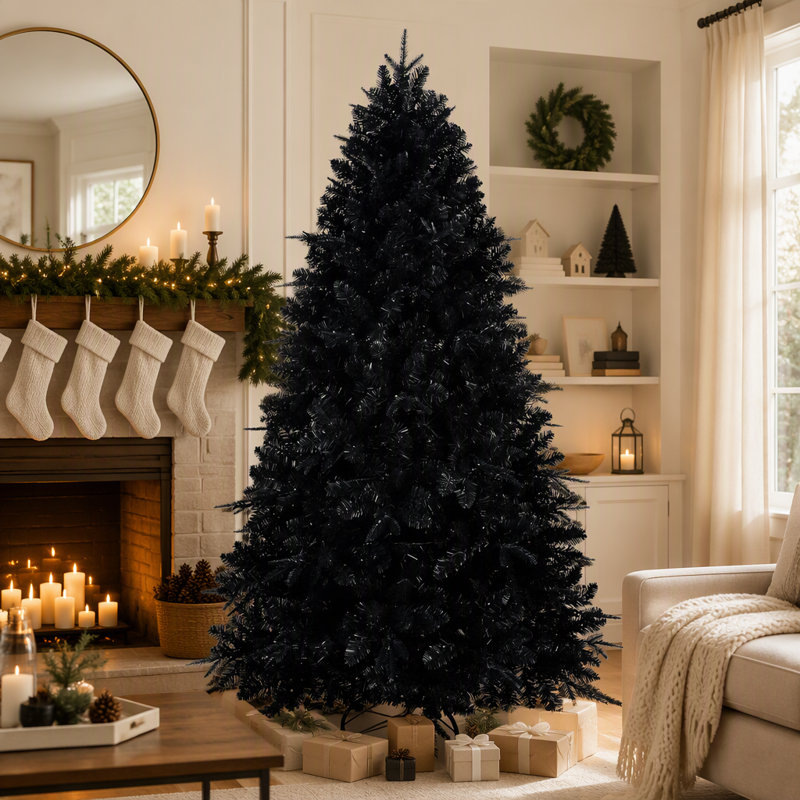 Arbre de Noël noir 8 pi avec 600 lumières DEL blanches et 2486 pointes