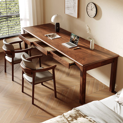 Walnut Minimalist With Three Drawers Long Solid Wood Desk