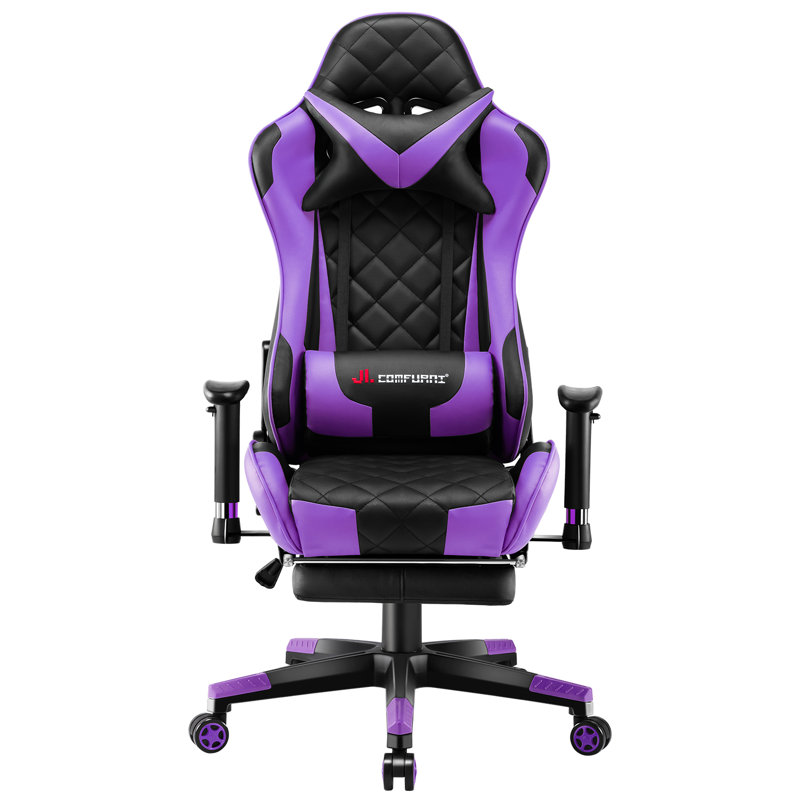 JL Comfurni Adjustable Reclining Ergonomic Faux Leather Swiveling PC & Racing Game Chair with Footrest, Purple