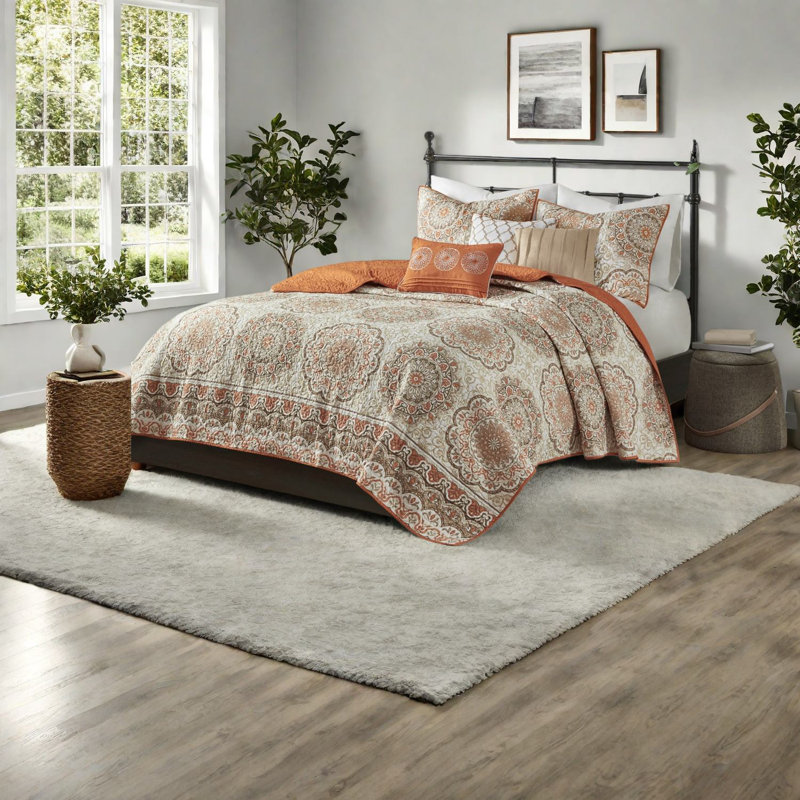 Ensemble de literie réversible en coton 6 pièces, motif floral moderne pour la maison, orange / grand lit