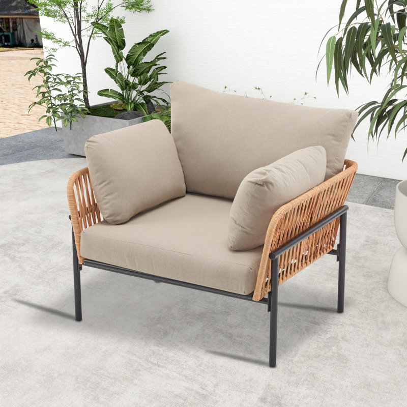 Chaise longue d'extérieur en rotin avec coussins, Naturel