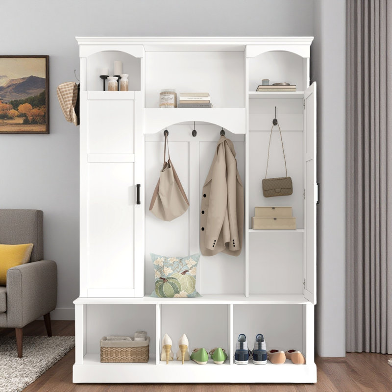 Modern Hall Tree With Adjustable Shelves, Side Cabinets, Top Compartments And Hooks, White