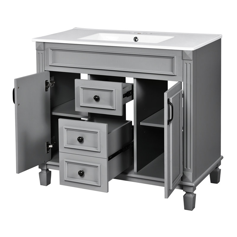 Meuble-lavabo moderne gris 36 po avec compartiments spacieux pour ranger facilement tous vos articles essentiels