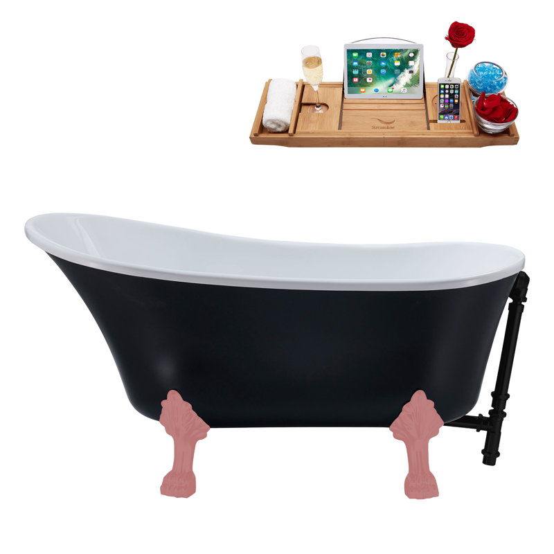 55" Streamline Clawfoot Soaking Acrylic Bathtub With Drain, Clawfeet, and Bamboo Tray, Matte Black, Matte Pink