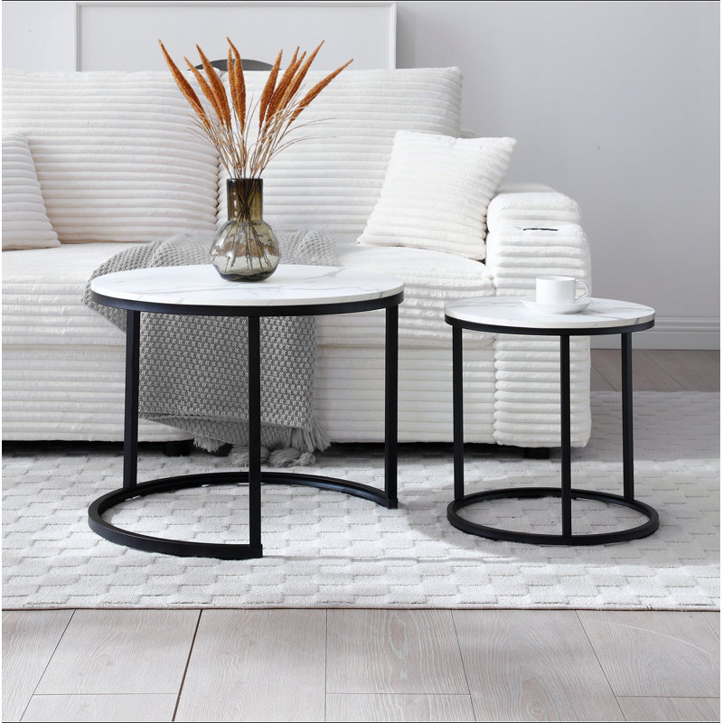 Ensemble 2 tables basses gigognes et tables rondes en bois à motif circulaire et marbre, salon, chambre à coucher, appartement, table de chevet simple industrielle moderne