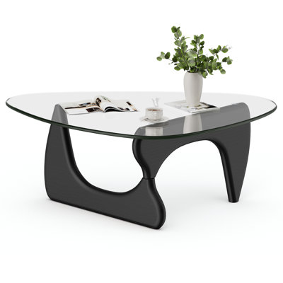 Table basse moderne en verre triangulaire avec plateau en verre trempé et base en bois massif, table basse de salon Mid-Century, table basse pour petit espace