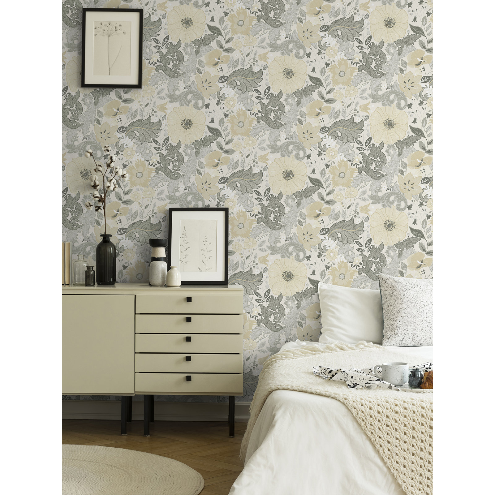 Adamo Floral Wallpaper, White/Gray