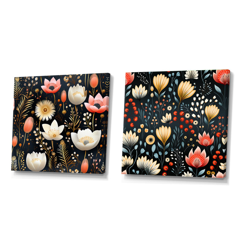 Emie - Ensemble de 2 collages carrés botaniques abstraits, Toile tendue, H 30 po x l 61 po