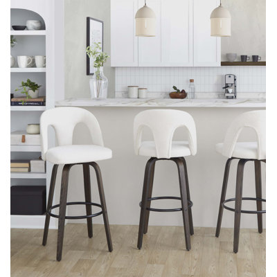 Fixed-Height Swivel Barstool Set Of 2 With Walnut Glazed Bent Wood Frame, Snow White Fabric Seat, And Round Black Metal Footrest For Modern Kitchen Or Bar Use.