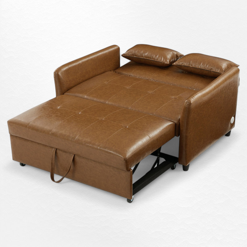  51.57" Faux Leather Round Arm Sofa Bed, Brown Faux Leather