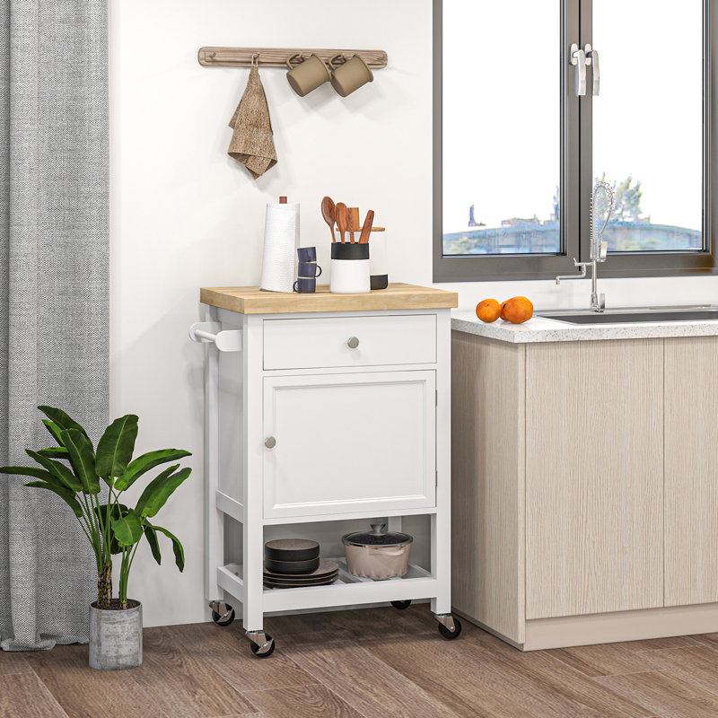 Versatile Rolling Kitchen Cart With Sturdy Rubberwood Top And Abundant Storage, White