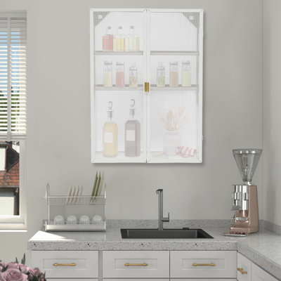 White 3 Tier Door Cabinet Bathroom Wall Mounted Storage Cabinet Carbon Steel Rectangular Wall Cabinet for Bathroom Kitchen Living Room