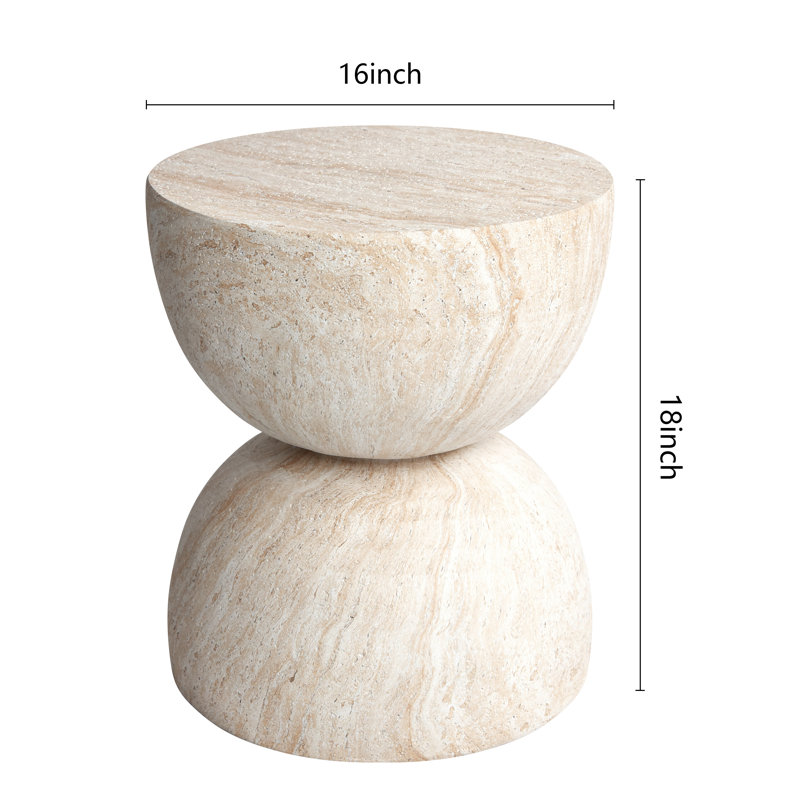 Double Hourglass Travertine Stone Finish Italian Design MgO Side Accent Table