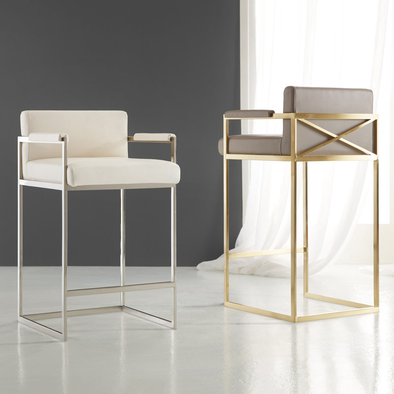 MHX Upholstered Stool with Metal Frame, Bar Stool (28” Seat Height), Gold, Gray