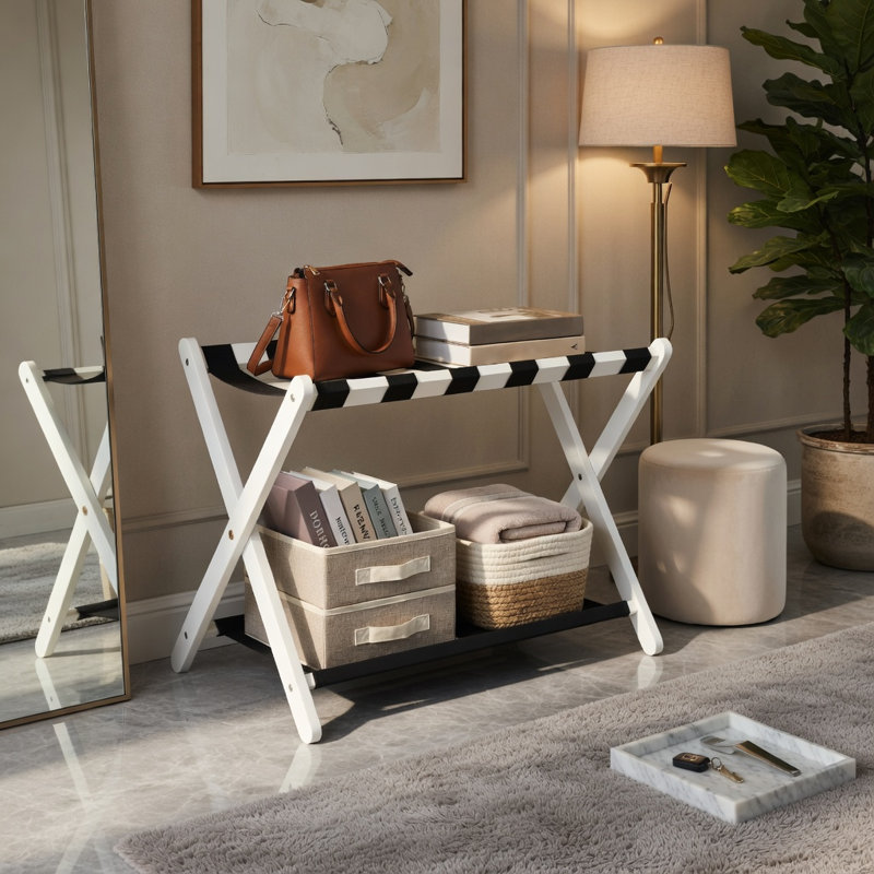 Porte-bagages pliable en bois d'hévéa massif avec deux tablettes en nylon - Organisateur de voyage compact pour valises, sacs et chaussures (blanc / noir ou blanc / brun)