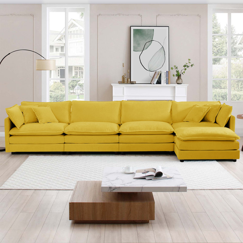 Chenille Cloud Sofa ，4-seat Sofa Couch with Ottoman for Living Room , 33" H x 146" W x 35" D, Blue Chenille