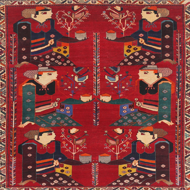 Tapis traditionnel rouge / vert / brun, Carré 4 pi