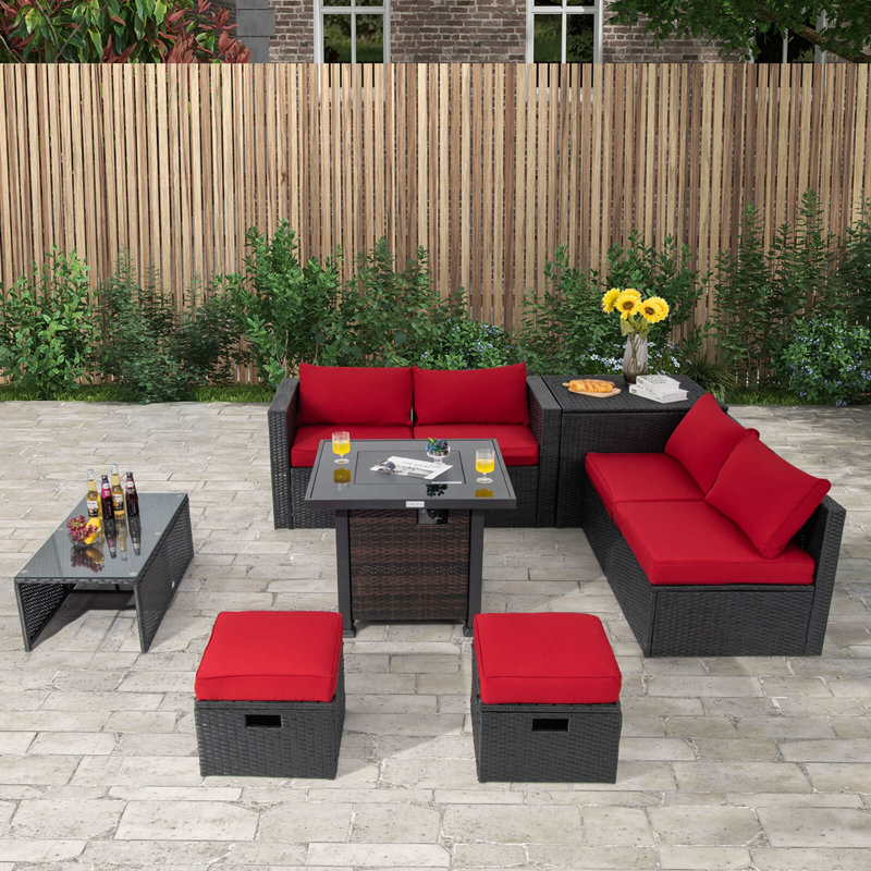 Ensemble de meubles de patio 9 pièces avec foyer 32 po Costway, Rouge