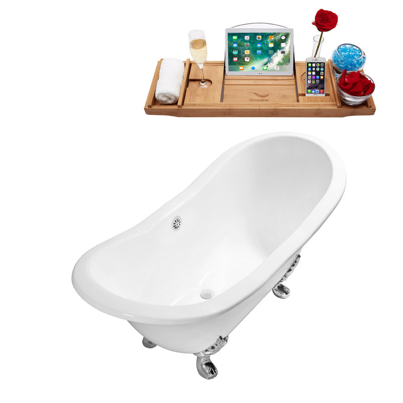 Baignoire de trempage sur pattes 72 "avec drain, pattes et plateau en bambou 72" Streamline, Chrome poli, Blanc lustré