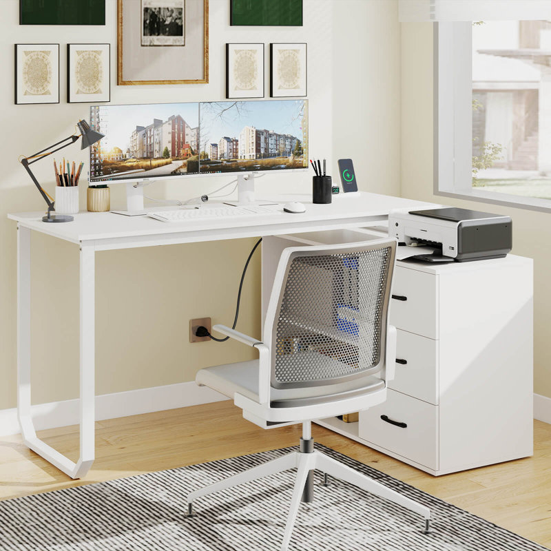 L-Shaped Desk with Power Outlet 55" Reversible Computer Desk with 3 Drawers, White