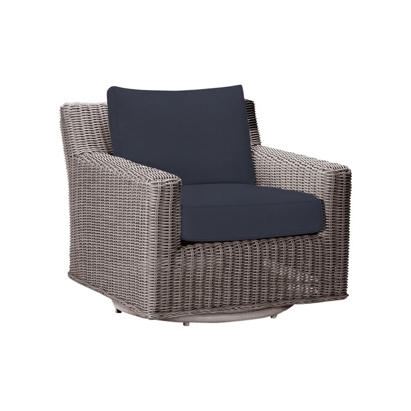 Rustic Swivel Patio Chair with Cushions, Linen Navy, Oyster, Welt