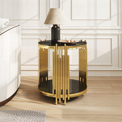 Table de bout ronde en verre, table d'appoint moderne de luxe à 2 niveaux avec pieds en acier inoxydable et verre trempé noir pour le salon ou le bureau à domicile
