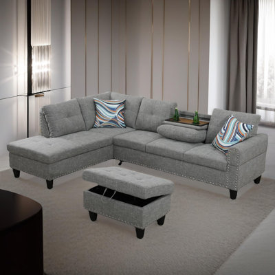 Aspen Light Grey Linen Left-Facing Sectional 3-Piece Sofa Living Room Sofa Set