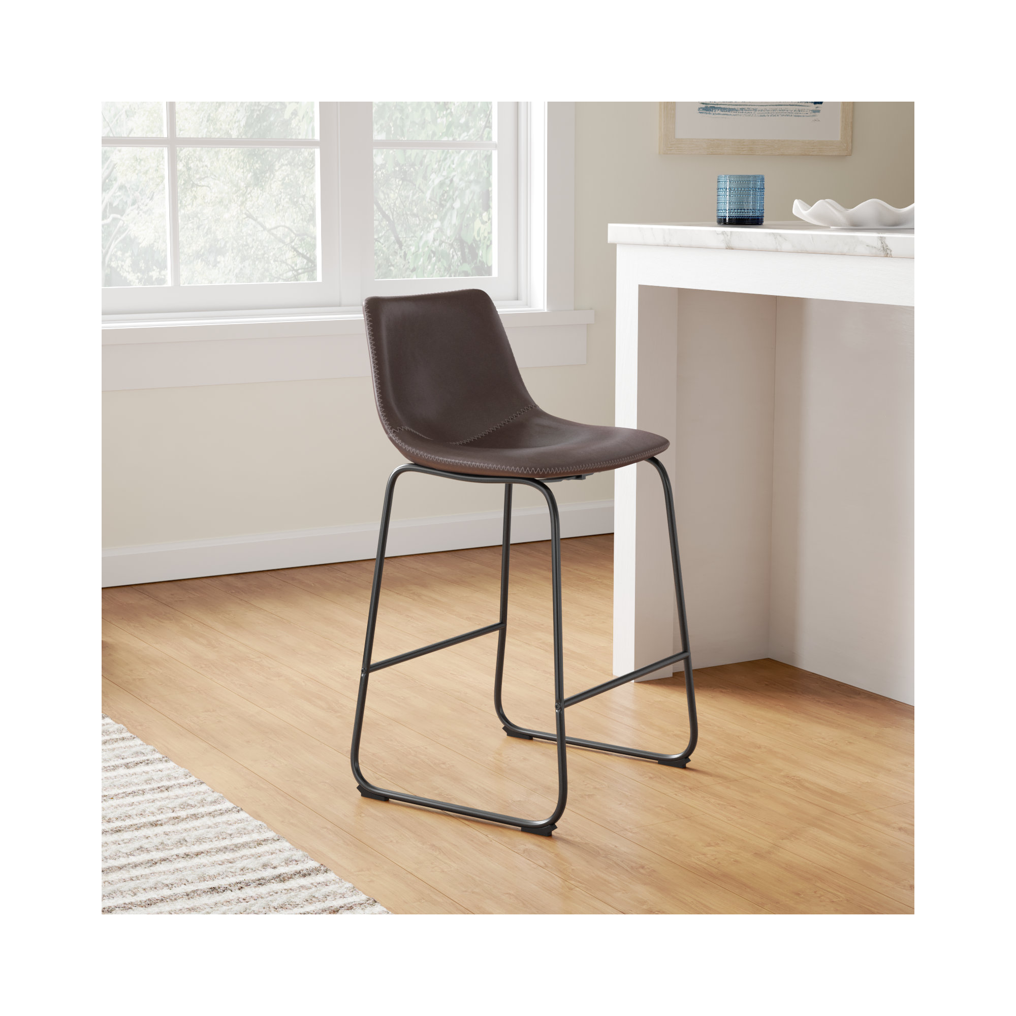 Bela Leatherette Stool, Brown Faux Leather