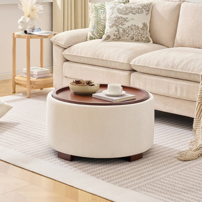 29" Round Storage Ottoman With Tray, Upholstered Coffee Table For Living Room Bedroom, Beige