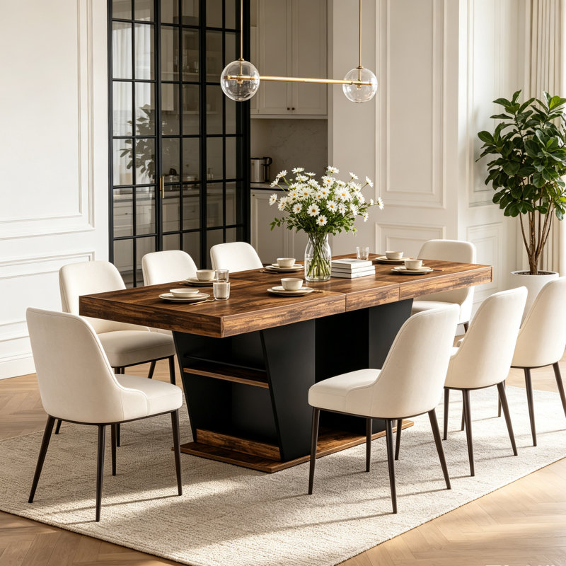Table de salle à manger en noyer 78,7 po pour 8 à 10 personnes avec tablettes de rangement des deux côtés et table de cuisine extensible en bois