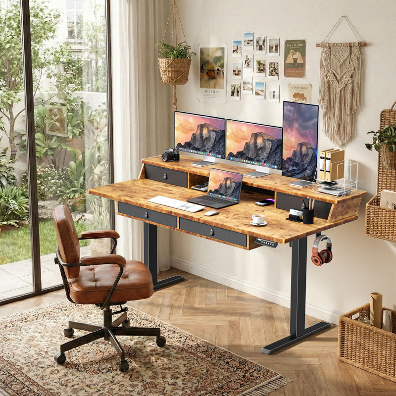 Electric Standing Desk with 4 Storage Drawers, Stand Up Desk Adjustable Height, Compatible with C-clamp mounting, with cable management tray，Suitable for office and home office use